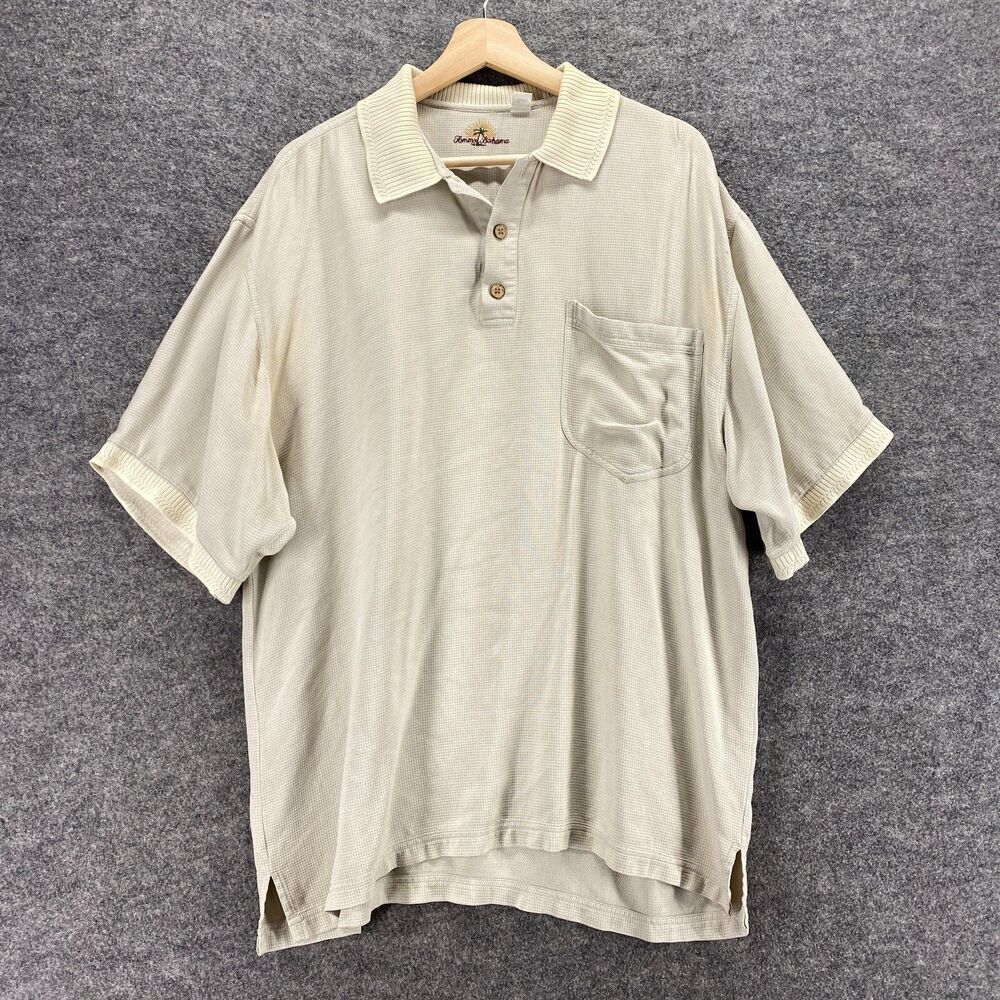 Tommy Bahama Polo Shirt Men L Large Beige Button Up Silk Collared Short Sleeve